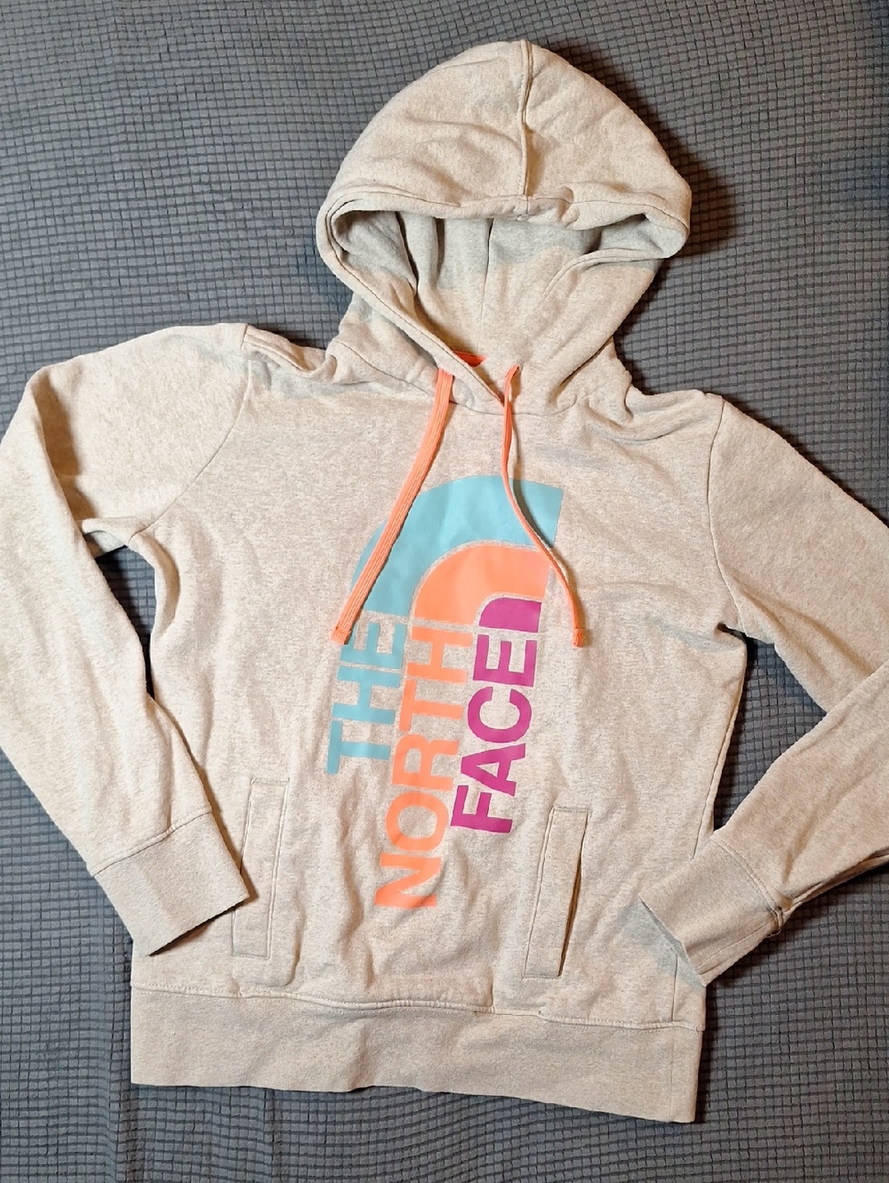 The North Face Cream Hoodie with Teal, Coral and Pink Logo